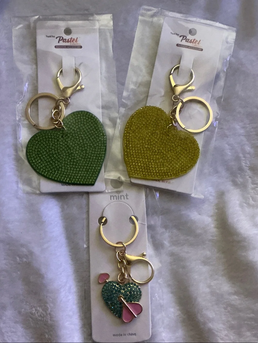 Pastels Heart Keychain Bundle - Green,Yellow and Aqua Heart Charms 💚💛💘